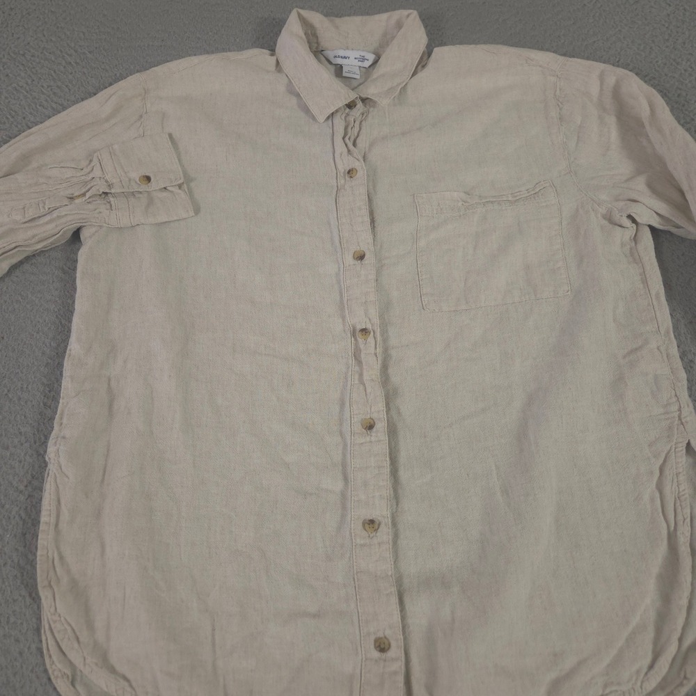 Old Navy Top Womens Medium Beige The Boyfriend Shirt Linen Blend Button Down